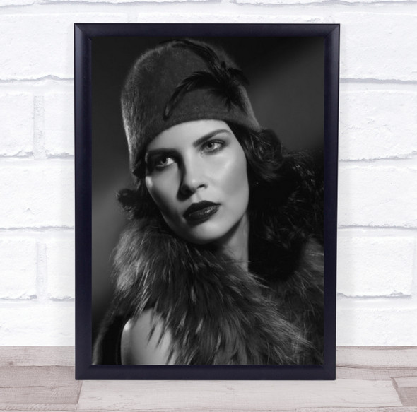 Kata Vintage Retro Hat Fur B&W Portrait Woman Model Feather Wall Art Print