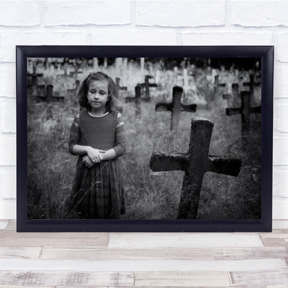 Sadness Cemetery Cross Graveyard B&W Crosses Girl Kid Child Wall Art Print