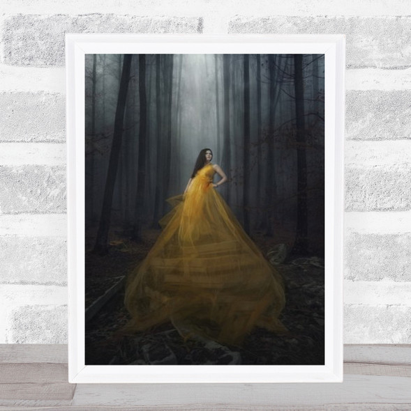 Stand Here Dress Yellow Forest Fashion Portrait Woman Girl Wall Art Print