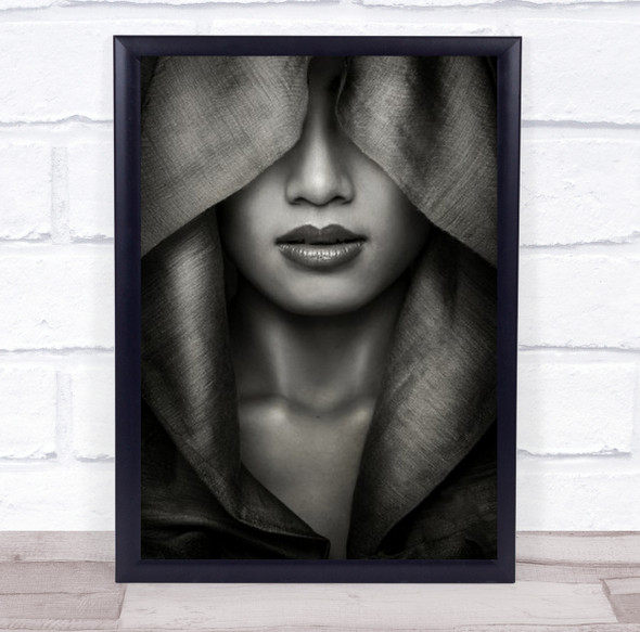 Hood B&W Fabric Cloak Cape Portrait Woman Skin Mouth Lips Wall Art Print