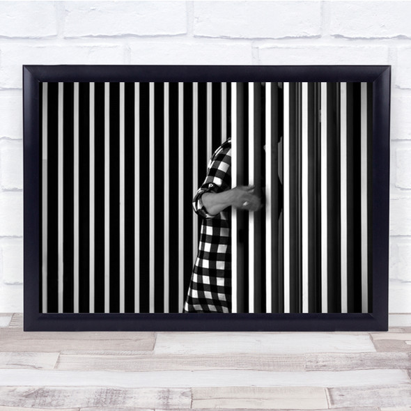 Man Checkered Shirt Walking Through Fence Black And White Wall Art Print