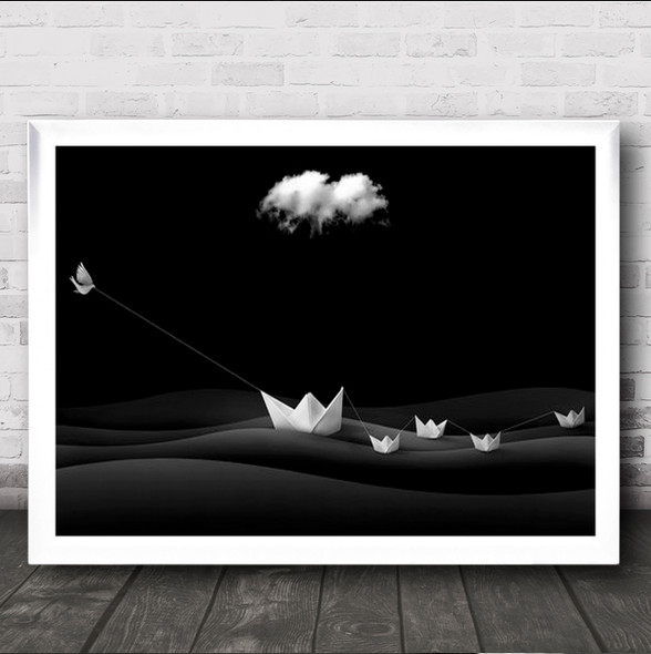Paper Boats Surreal Creative Montage Conceptual Light Sky Wall Art Print