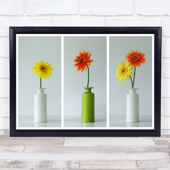 Love Story Triptych Flowers Yellow Orange Vases Together Wall Art Print
