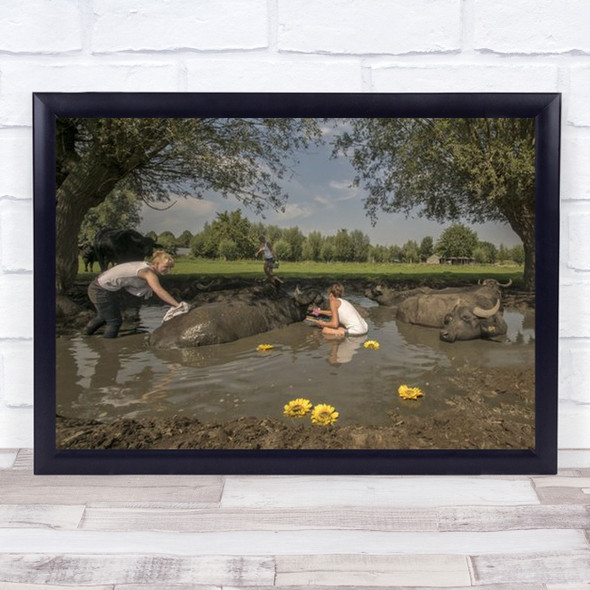 Water Buffalo Beauty Centre Animals Bathing People Group Wall Art Print