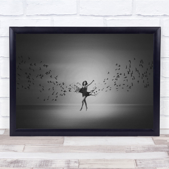 Ballerina Flight Of Birds Creative Edit B&W Dress Woman Wall Art Print