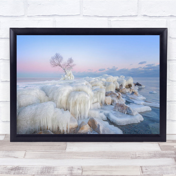 Ice Wonderland Frost Frozen Cold Pink Water Lonely Tree Wall Art Print