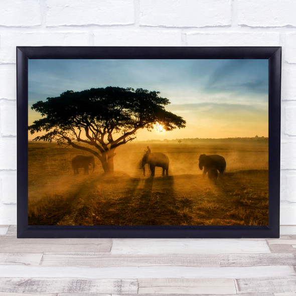 Morning Elephant Home Town Elephants Trio Group Sun Wall Art Print