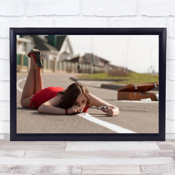Danger Road Woman Sniffing Drugs Suitcase Of Money Wall Art Print