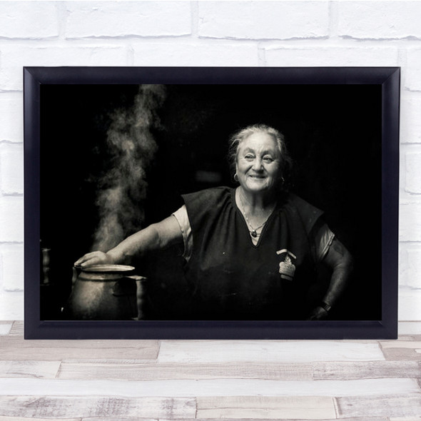 Old Woman Cooking From Pot Happy Black And White Wall Art Print