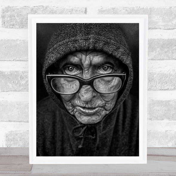 Portrait B&W Glasses Face Hood Hoodie Old Woman Wall Art Print
