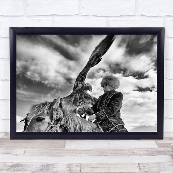 Man On Horse With Large Eagle Black And White Wall Art Print