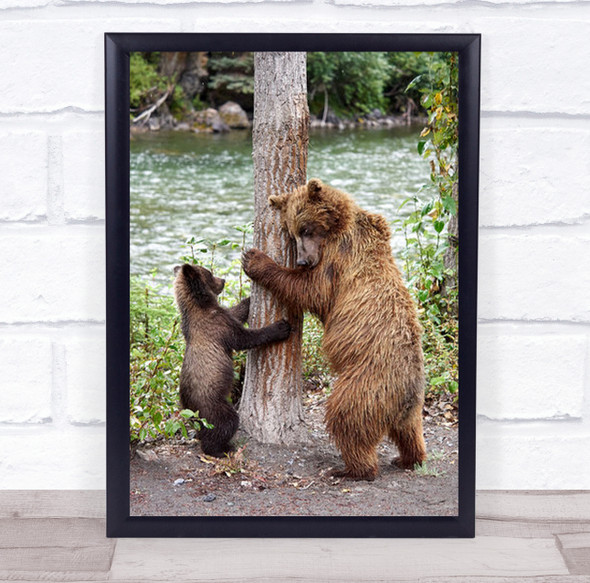 Imitating Mother And Cub Bear Hugging Tree Wall Art Print