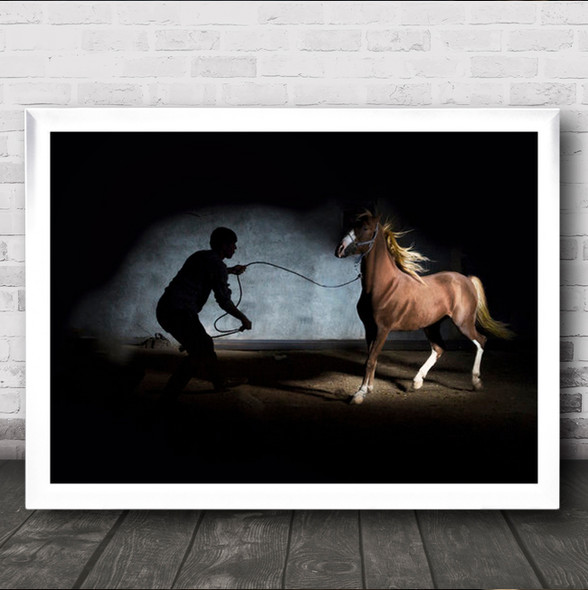 Silhouette Person Rope Around Horse Wall Art Print