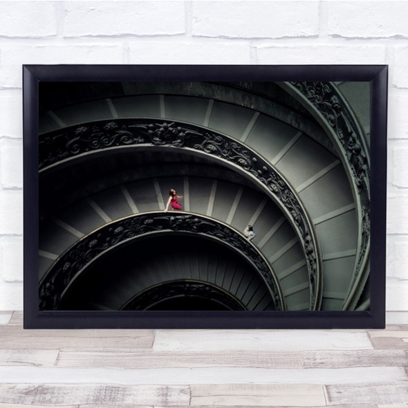 Spiral Stairs Red Dressed Woman Wall Art Print