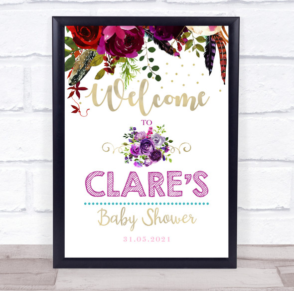 Watercolour Purple Rose & Gold Welcome Baby Shower Personalised Event Party Sign