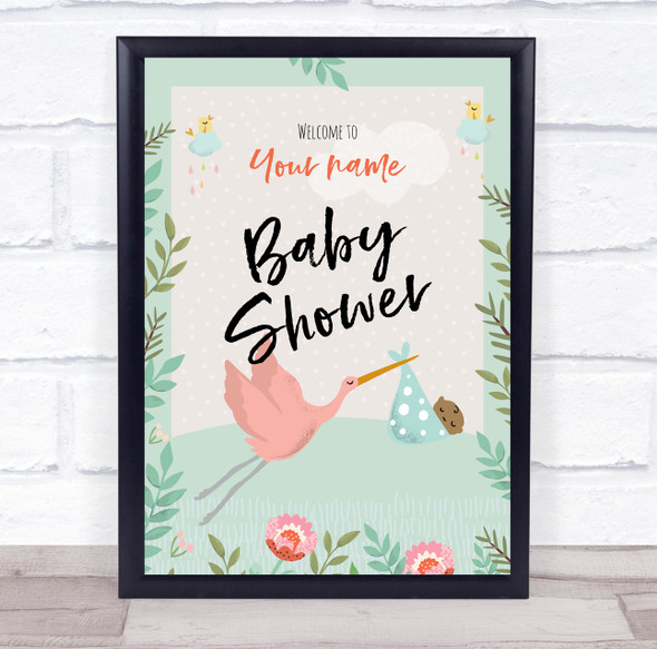 Stork With Baby Shower Green Welcome To Baby Shower Personalised Party Sign