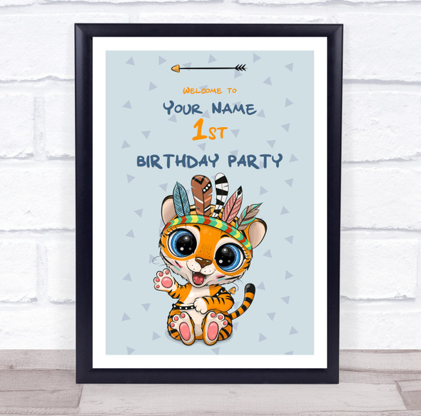 Cute Tiger Blue Hearts Welcome Birthday Personalised Event Party Decoration Sign