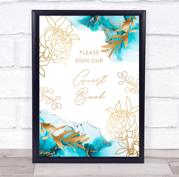 Guest Book Watercolour Teal Blue Turquoise Gold Floral Personalised Party Sign