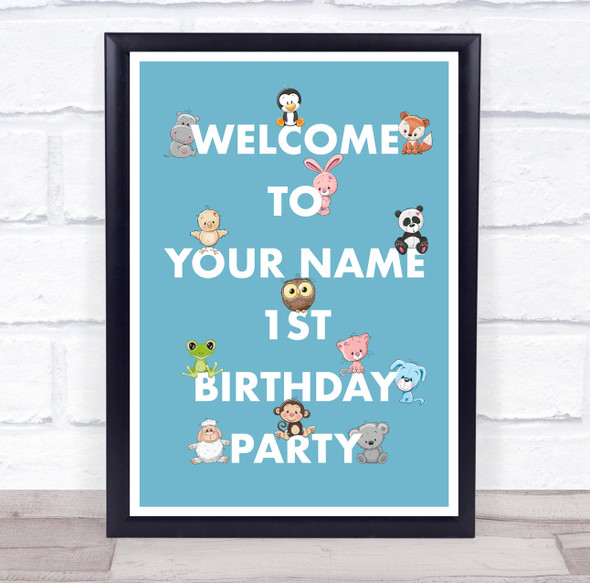 Blue Background Cute Animals Birthday Personalised Event Party Decoration Sign