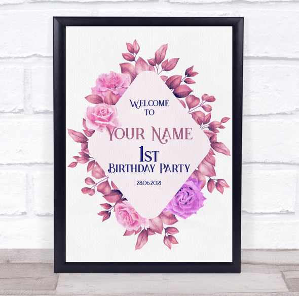 Pink Diamond Floral Border Birthday Personalised Event Party Decoration Sign