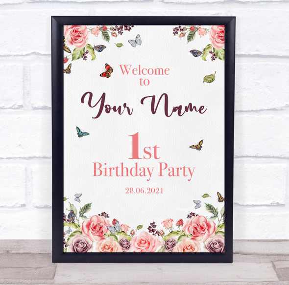 Pink Rose Floral Border Birthday Personalised Event Party Decoration Sign