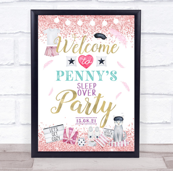 Sleepover Birthday Rose Gold Sparkle Cat Personalised Event Party Sign