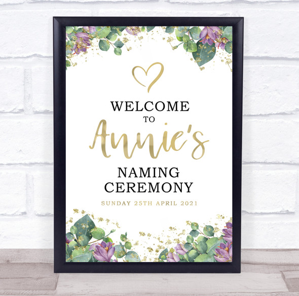 Purple Floral & Gold Naming Ceremony Personalised Event Party Decoration Sign