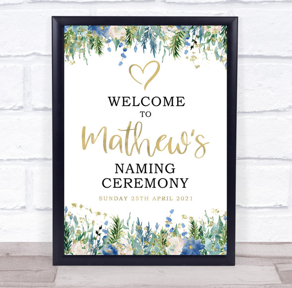 Blue Floral & Gold Naming Ceremony Personalised Event Party Decoration Sign