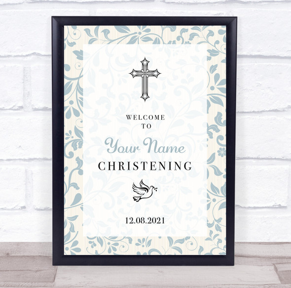 Blue Botanical Border Welcome To Christening Personalised Event Party Sign