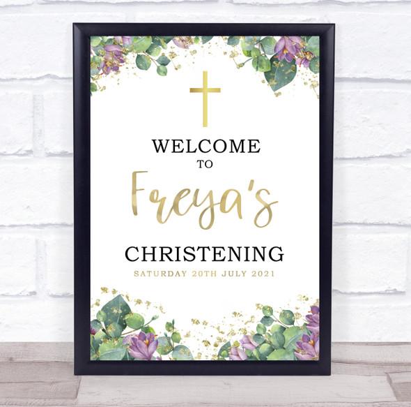 Purple Floral & Gold Christening Personalised Event Party Decoration Sign