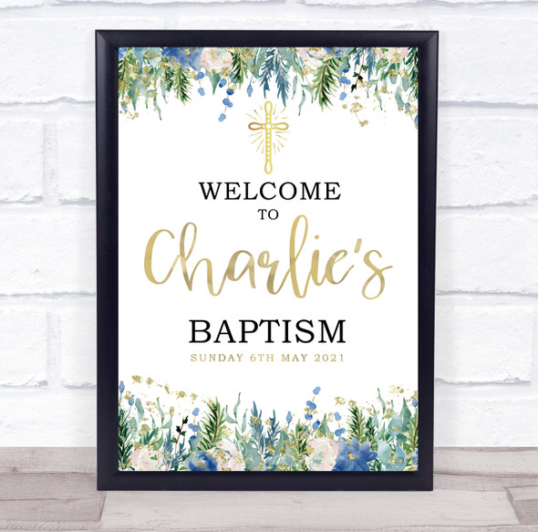 Blue Floral & Gold Baptism Date Personalised Event Party Decoration Sign