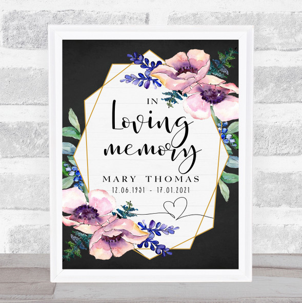 Purple Flowers & Gold Geometric In Loving Memory Funeral Personalised Event Sign