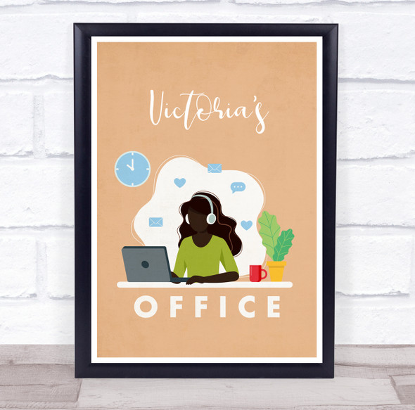 Office Dark Brown Hair Headphone Simple Laptop Room Personalised Wall Art Sign