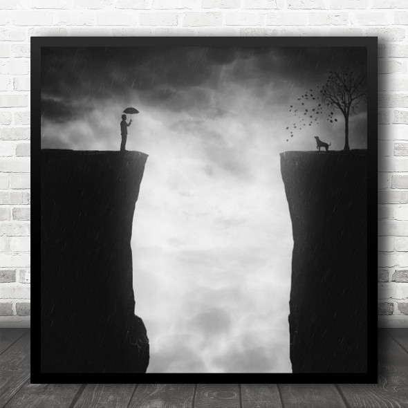 Dog Pet Cliff Division Divide Steep Dip Animal Tree Raining Rain Square Wall Art Print