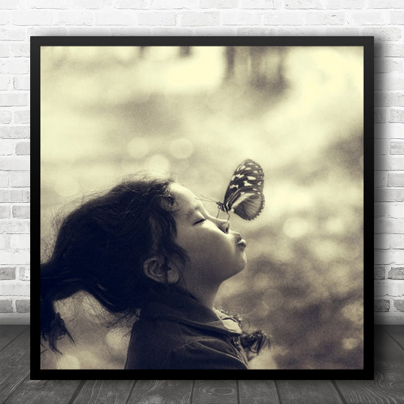 Kid Child Girl Sepia Butterfly Profile Childhood Bokeh Closed Square Wall Art Print