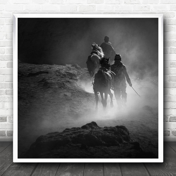 Horse Horses People Rocks Fog Smoke Bromo Indonesia Dust Haze Square Wall Art Print