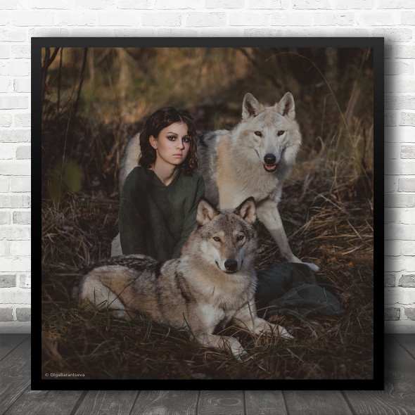 Wolf Wolves Woman Model Outside Outdoors Animal Animals Girl Square Wall Art Print