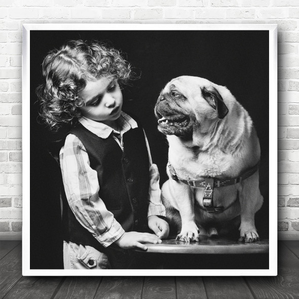 Dog Pet Girl Kid Baby Cute Child Portrait Puppy Love Friends Square Wall Art Print