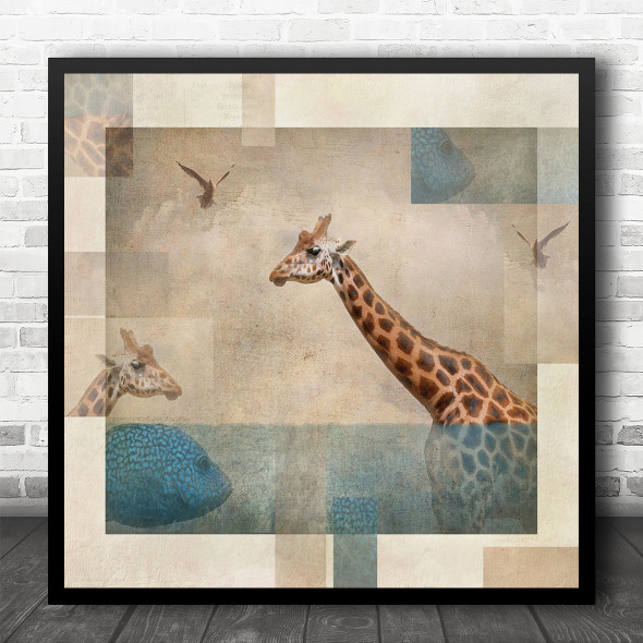 Edited Composites Montages Giraffes Giraffe Fish Bird Birds Square Wall Art Print