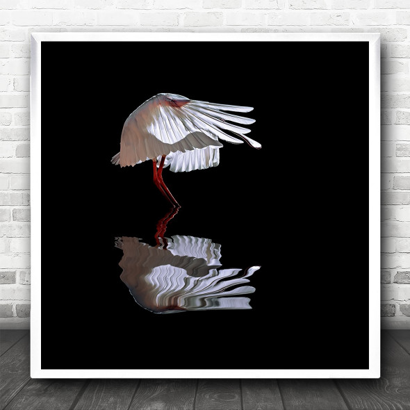 Flamingo Flapped Wings Reflection Dark Square Wall Art Print