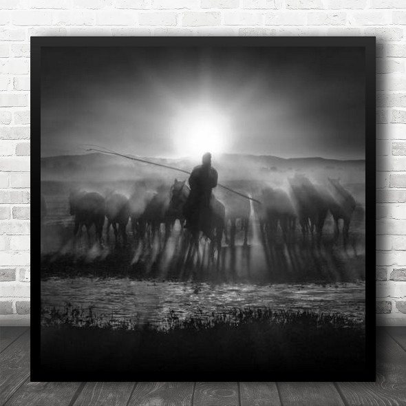 Morning Light Man With Herd Of Horses Square Wall Art Print