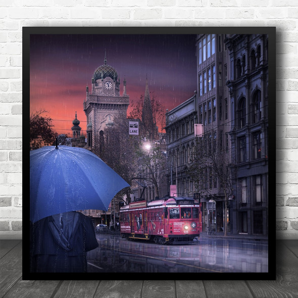 Rain Raining Lane Sign Tram Dome Cupola Clock Watch Time Street Square Wall Art Print