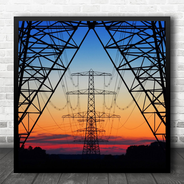 Electricity Power Energy Sunset Cables Wires Metal Tower Lines Square Wall Art Print
