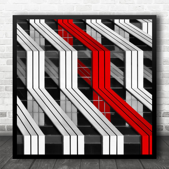 Red Selective Colour Colouring Geometry Symmetry Shapes Lines Square Wall Art Print