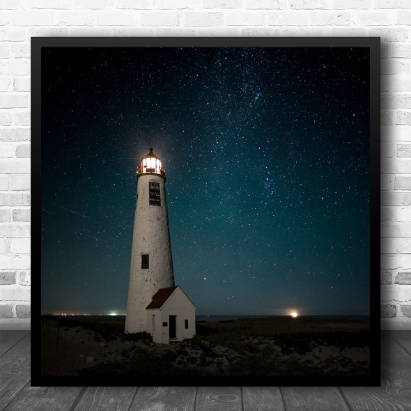 Lighthouse Sky Stars Starry Night Tower Architecture Maritime Square Wall Art Print