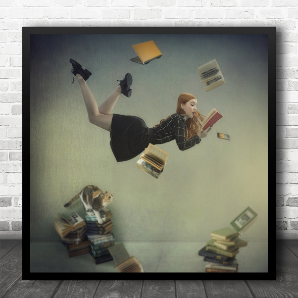 Mood Photography Posing Model Reading Books Cat Flying Pose Fade Square Wall Art Print