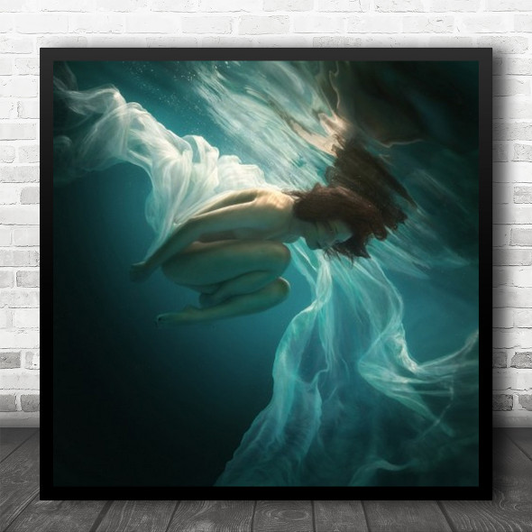 Abstract Underwater Naked Woman Deep Blue Bottom Pool Reflection Square Wall Art Print