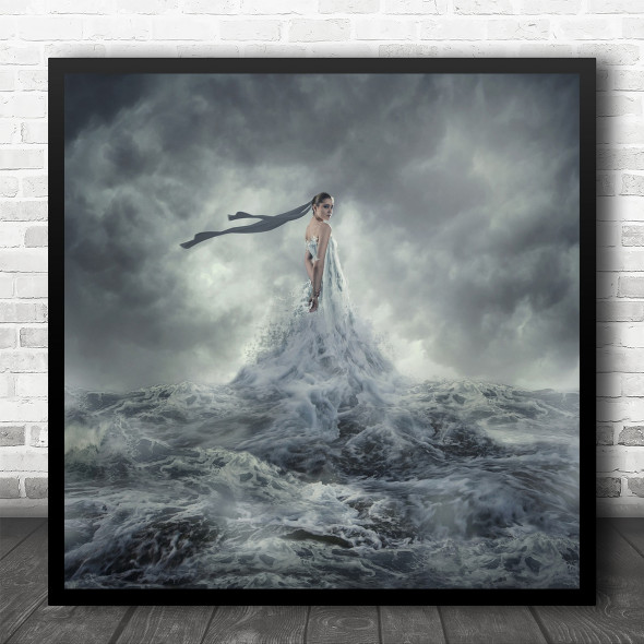 Goddess Woman Person Sky Clouds Cloudy Wave Splash Storm Mermaid Square Wall Art Print