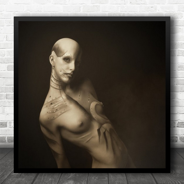 Abstract Woman Sepia Toned Bald Skin Paint Body Naked Nude Face Square Wall Art Print