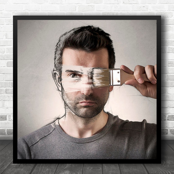 Brush Illustration Sketch Draw Drawing Paint Painting Self Face Square Wall Art Print